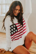 White American Flag Cable Knit Drop Shoulder Sweater