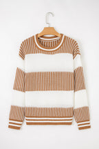 Khaki Two Tone Striped Patchwork Drop Shoulder Sweater