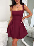 Dark Blue Bow Back Square Neck Mini Dress Luxury Feminine & Flattering Dress For Girls Stevvex