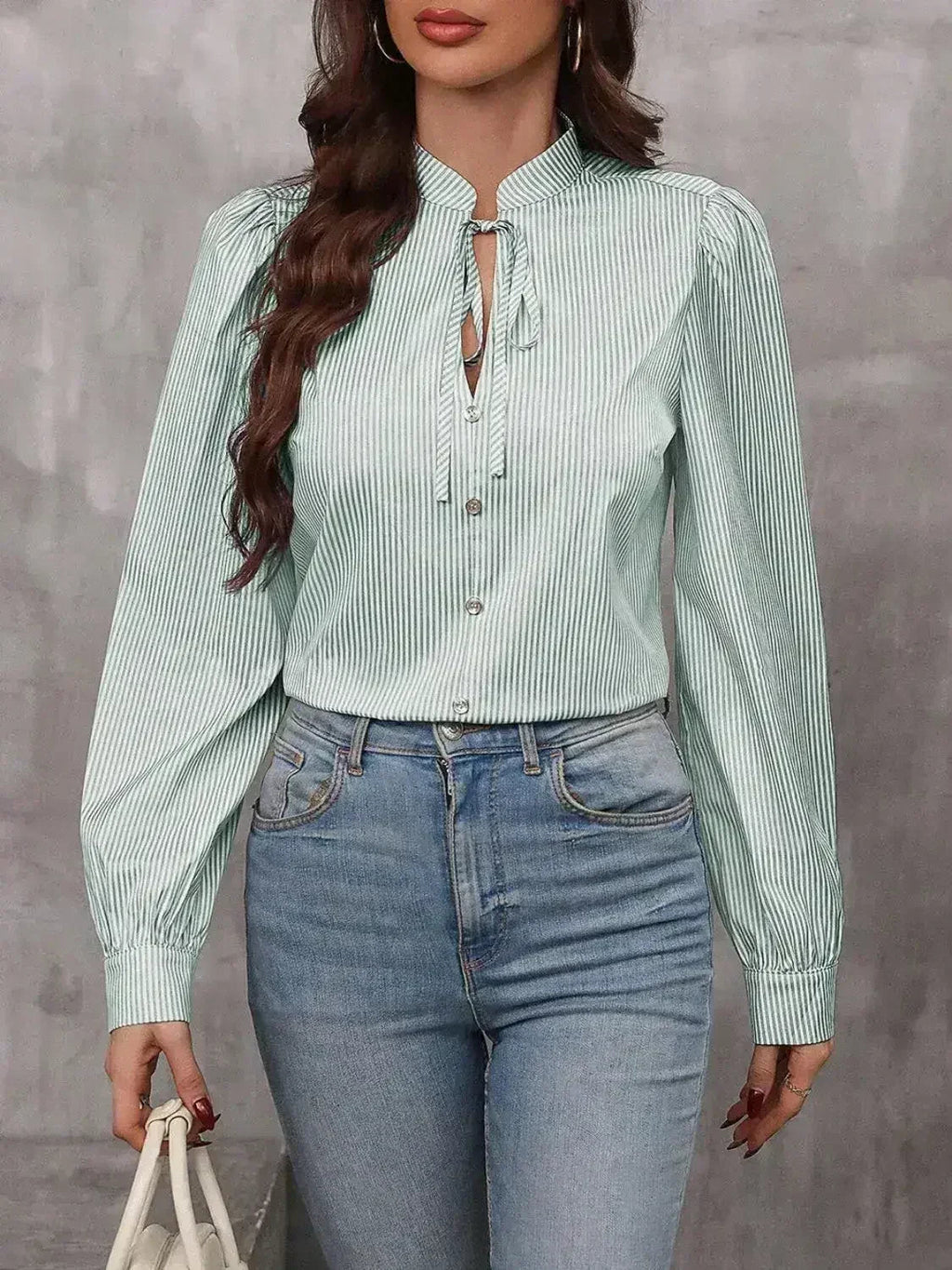 Striped Tie Neck Long Sleeve Blouse – Femstylo - SJB-DIAMOND ELITES