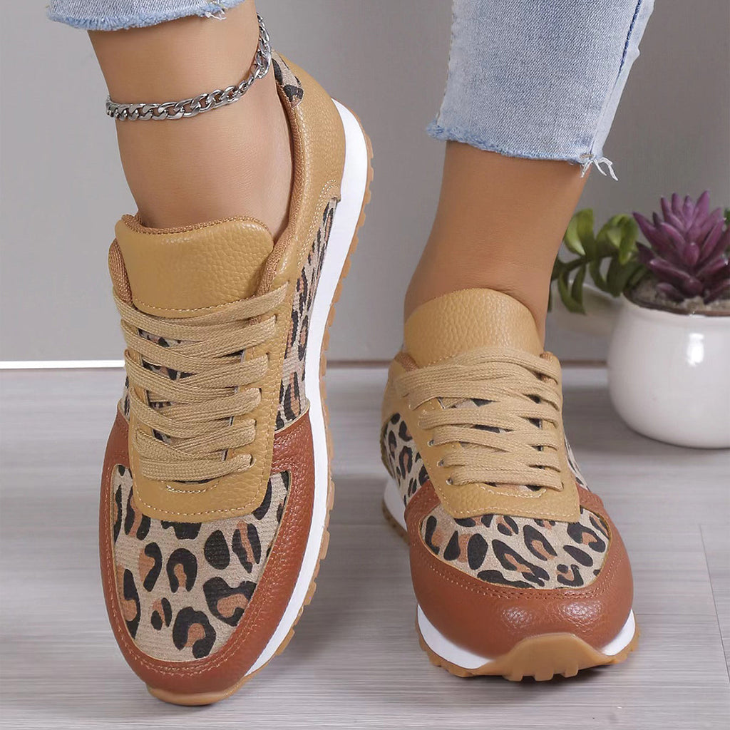 Women's Leopard Print Sneakers - Fashion Lace-Up PU Sports Shoes for Running/Walking (Non-Slip Rubber Sole, Breathable Mesh Lining) Pi-Mart
