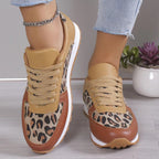 Women's Leopard Print Sneakers - Fashion Lace-Up PU Sports Shoes for Running/Walking (Non-Slip Rubber Sole, Breathable Mesh Lining) Pi-Mart