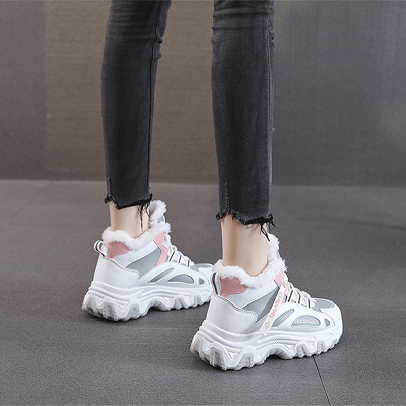 Fashion Black White Lace-up Sneakers Winter Warm All-match Plush Shoes Women Plus Velvet Fleece Flat High-top Sports Shoes Pi-Mart