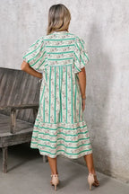 Multicolor Boho Floral Striped Tie V Neck Long Dress