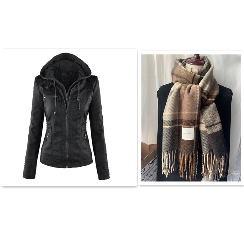 Fashion Detachable Hooded Jacket With Pockets Casual Solid Color Zipper Long Sleeve Leather Coat Autumn Winter Women's Clothing Pi-Mart