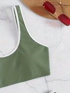 Bikini Scoop Neck Contrast Trim 2 Piece Swimsuit for Women – High Stretch Casual Bikini Set with Scallop Edge Detail and Matching Swim Briefs – Stylish Solid Color Swimwear for Beach Days Pool Lounging and Summer Vacations Stevvex