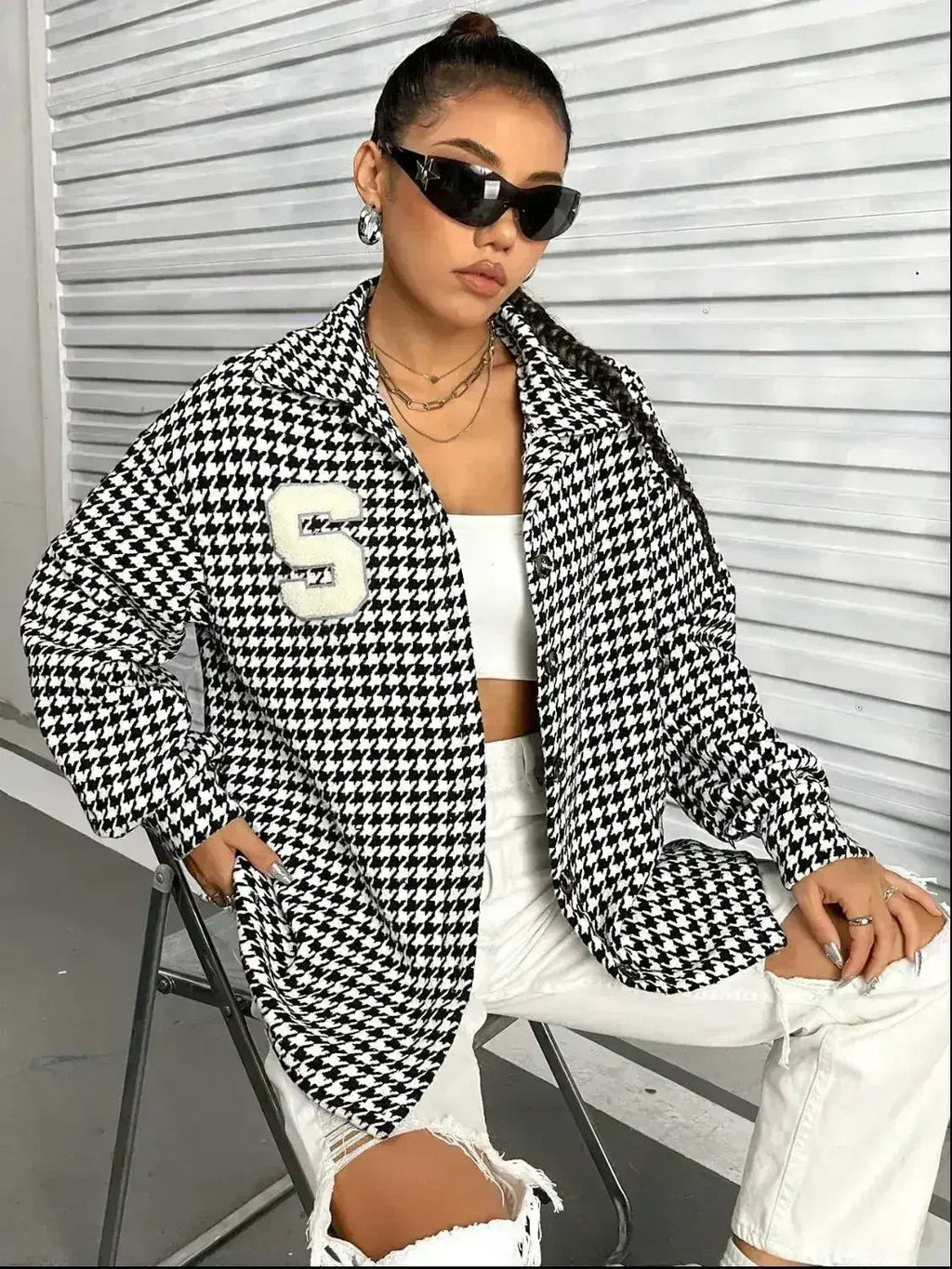 Houndstooth Button Down Long Sleeve Shacket - SJB-DIAMOND ELITES