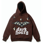 Men's Bat Print Velvet Hoodie - American Retro Pullover with Wool Lining (Dark Brown) Pi-Mart