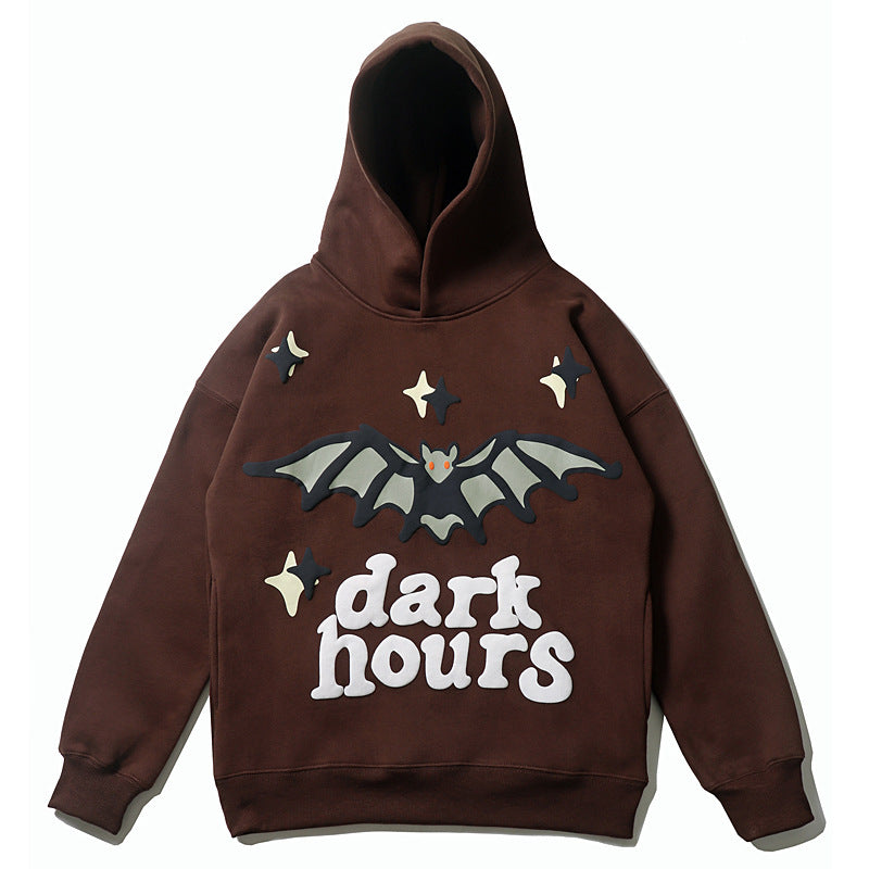 Men's Bat Print Velvet Hoodie - American Retro Pullover with Wool Lining (Dark Brown) Pi-Mart