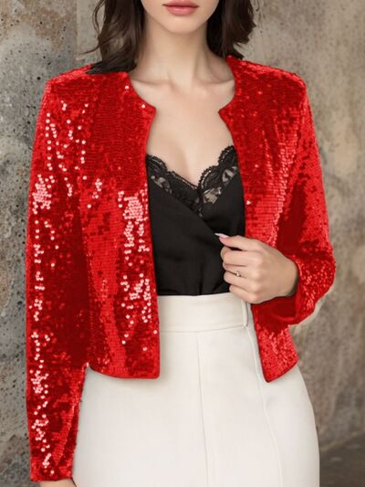 Elegant Women Full-Size Sequin Open Front Cropped Jacket With Glamorous Sparkle Luxury Women Party Jacket Stevvex