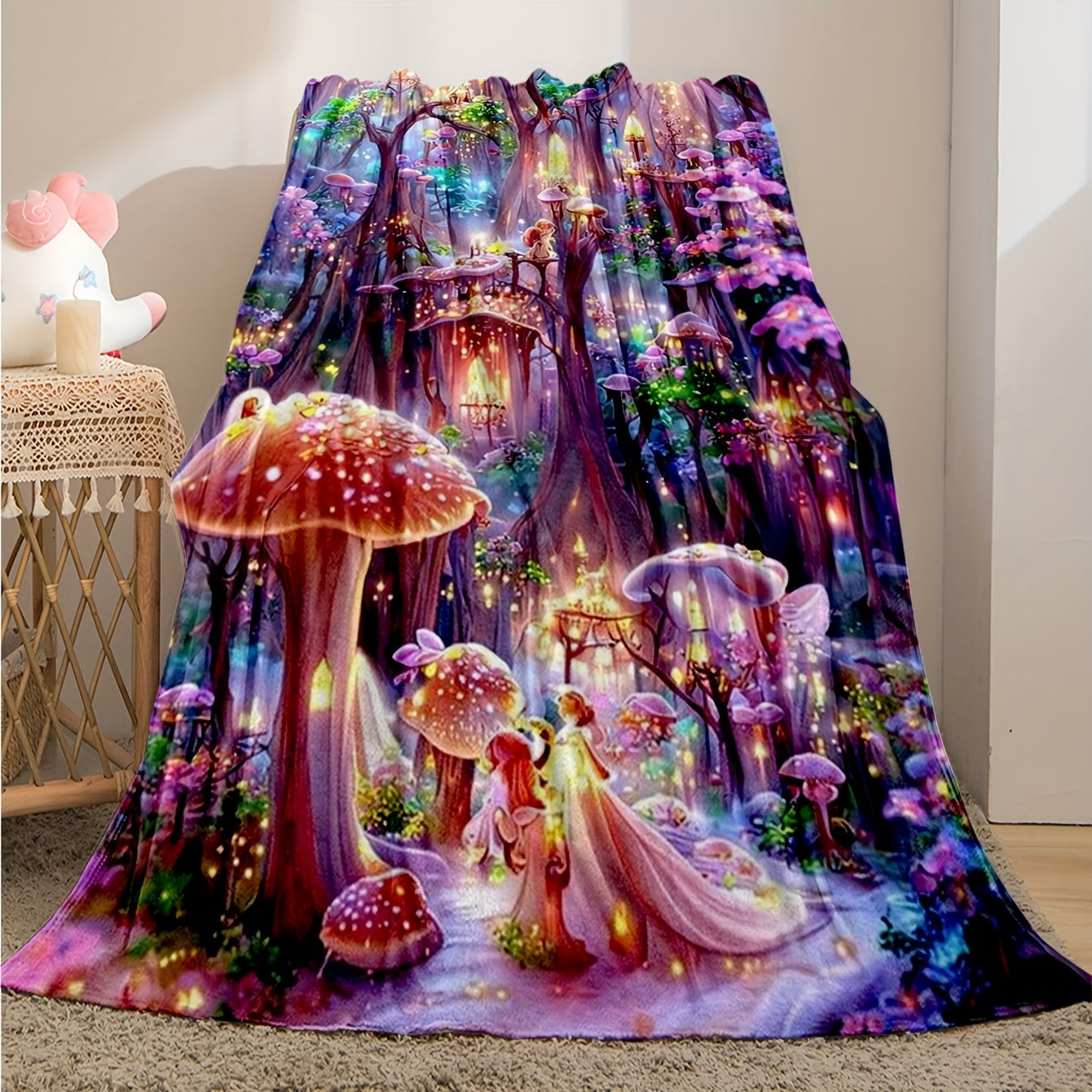 Whimsical Fantasy Mushroom Castle Throw Blanket - Soft, Reversible, and Vibrant Polyester Knit Bedding with Unique Embellishments, All-Season Multipurpose Design, and Flower Patterned Reverse Side Lootquake LLC