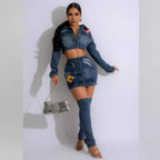 Embroidery Women Denim 2 Piece Set Button Up Jackets High Waist Jeans Skirts Matching Set 2024 Summer Streetwear Club Outfits Purplish Diva