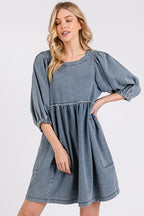 Washed Round Neck Puff Sleeve Denim Dress – Casual, Vintage-Inspired, Comfortable & Chic, Effortlessly Stylish, Classic Denim Dress