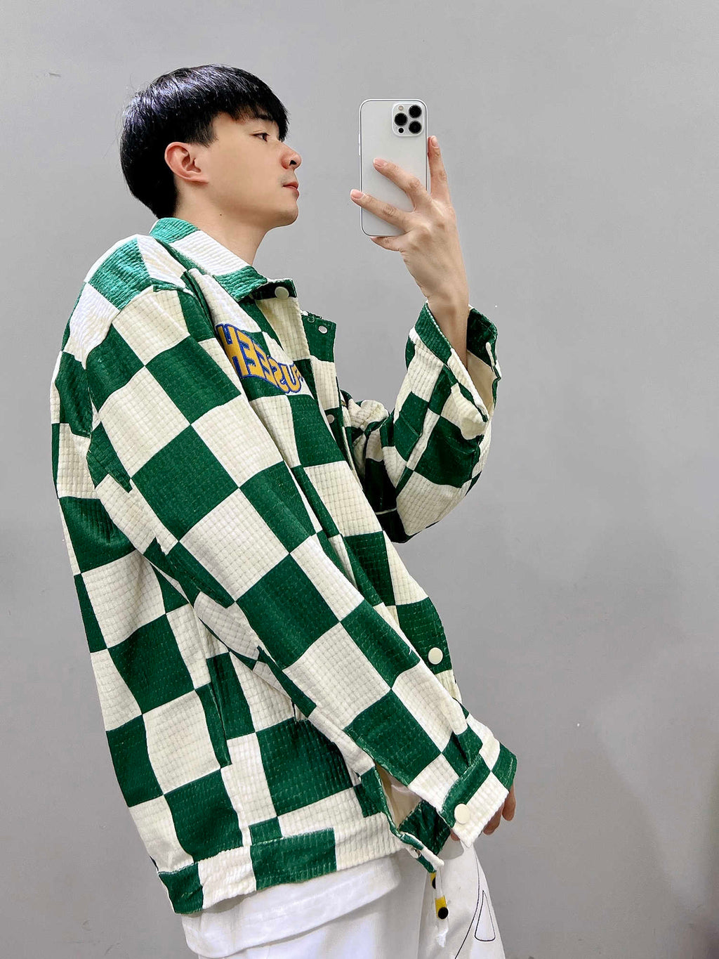 Retro Contrast Color Green Plaid Lapel Jacket Men Pi-Mart