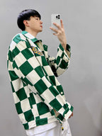 Retro Contrast Color Green Plaid Lapel Jacket Men Pi-Mart