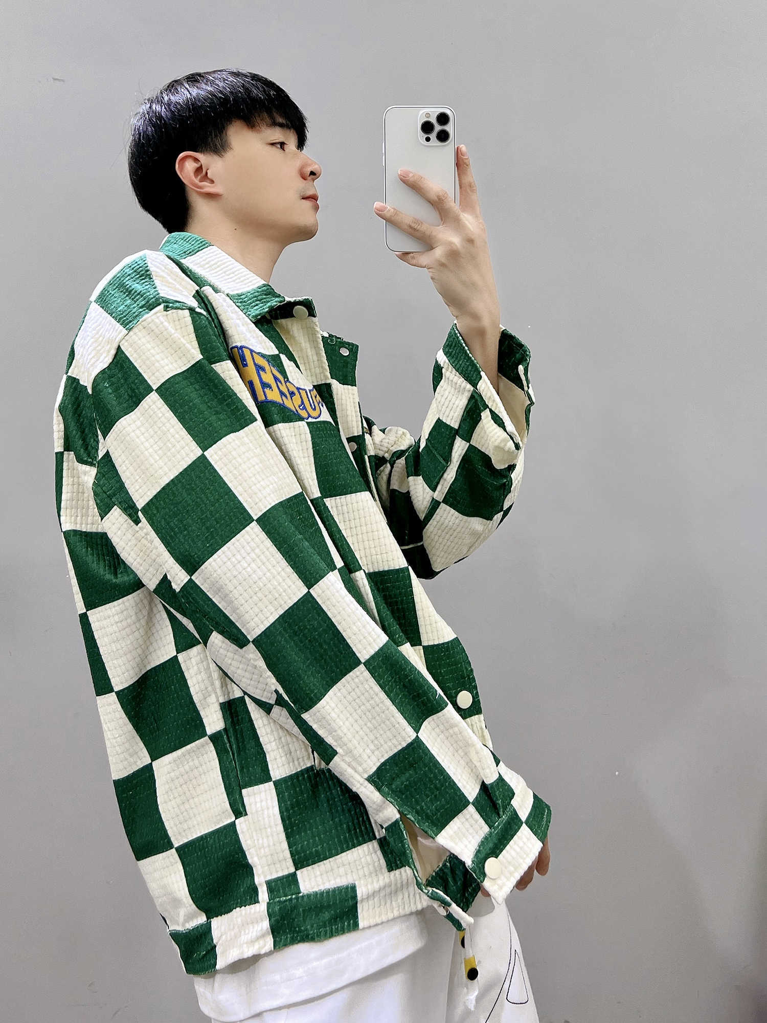 Retro Contrast Color Green Plaid Lapel Jacket Men Pi-Mart