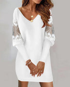 Long-sleeved V-neck Dress Spring And Autumn Lace Splicing Dress For Womens Clothing
