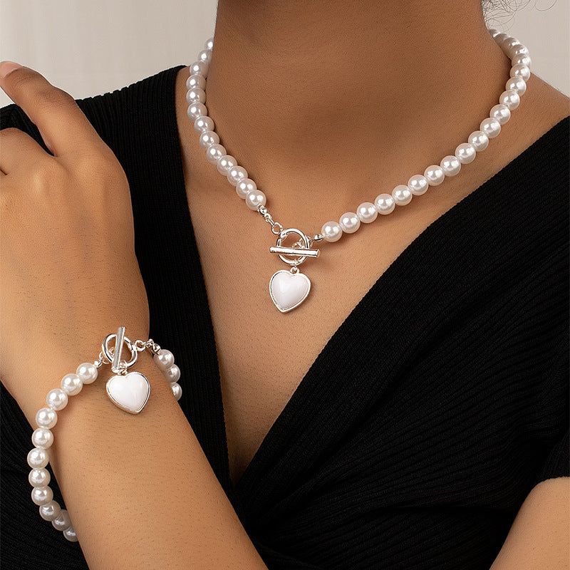 Pearl Bracelet And Necklace Set Female With Hearts Clavicle Chain Pi-Mart