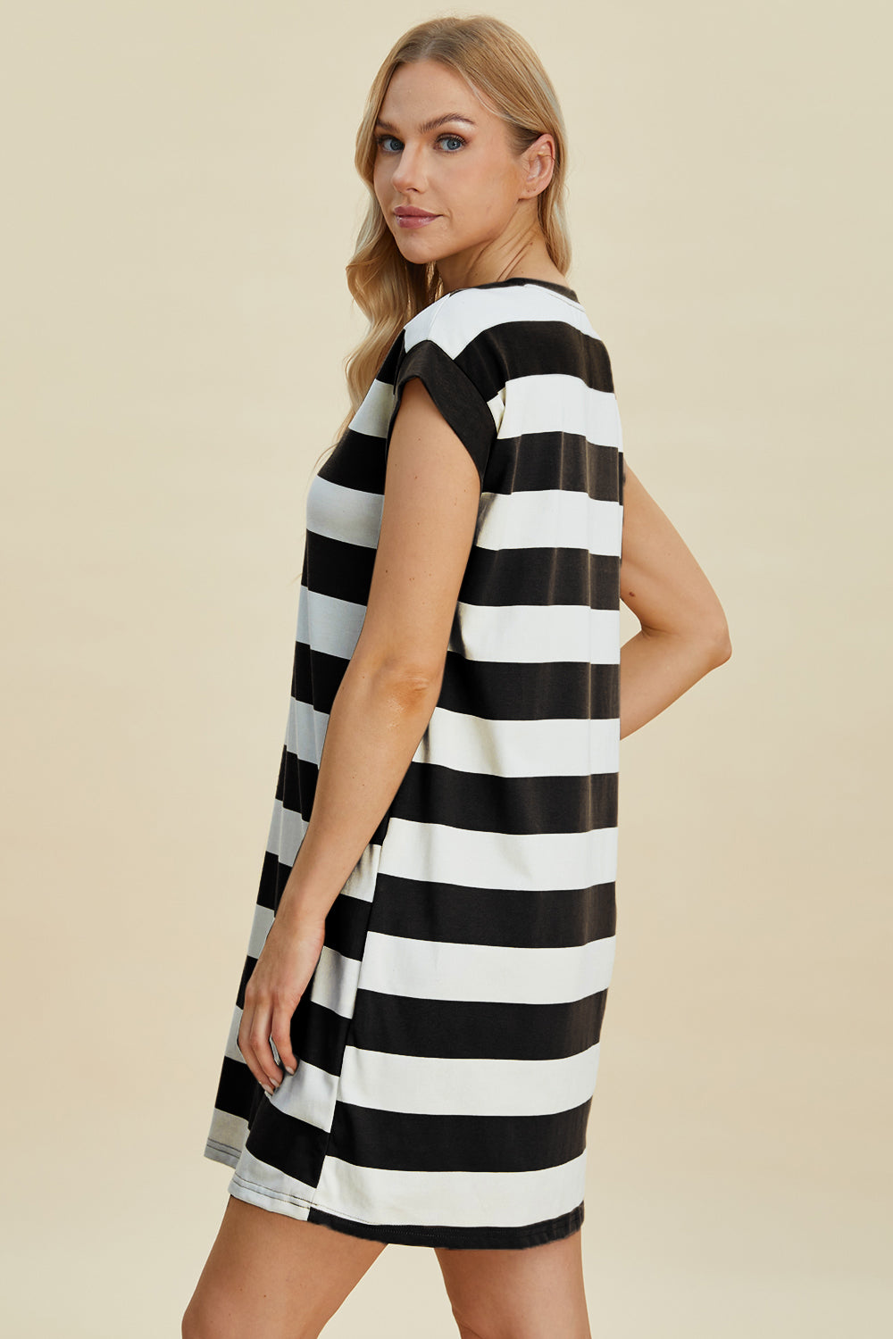 Full Size Striped Round Neck Cap Sleeve Mini Dress For Women – Striped Mini Dress, Full-Size Round Neck Dress, Comfortable Cap Sleeve Dress, Chic Striped Dress, Flattering Mini Dress, Casual Everyday Dress, Versatile Striped Dress Stevvex