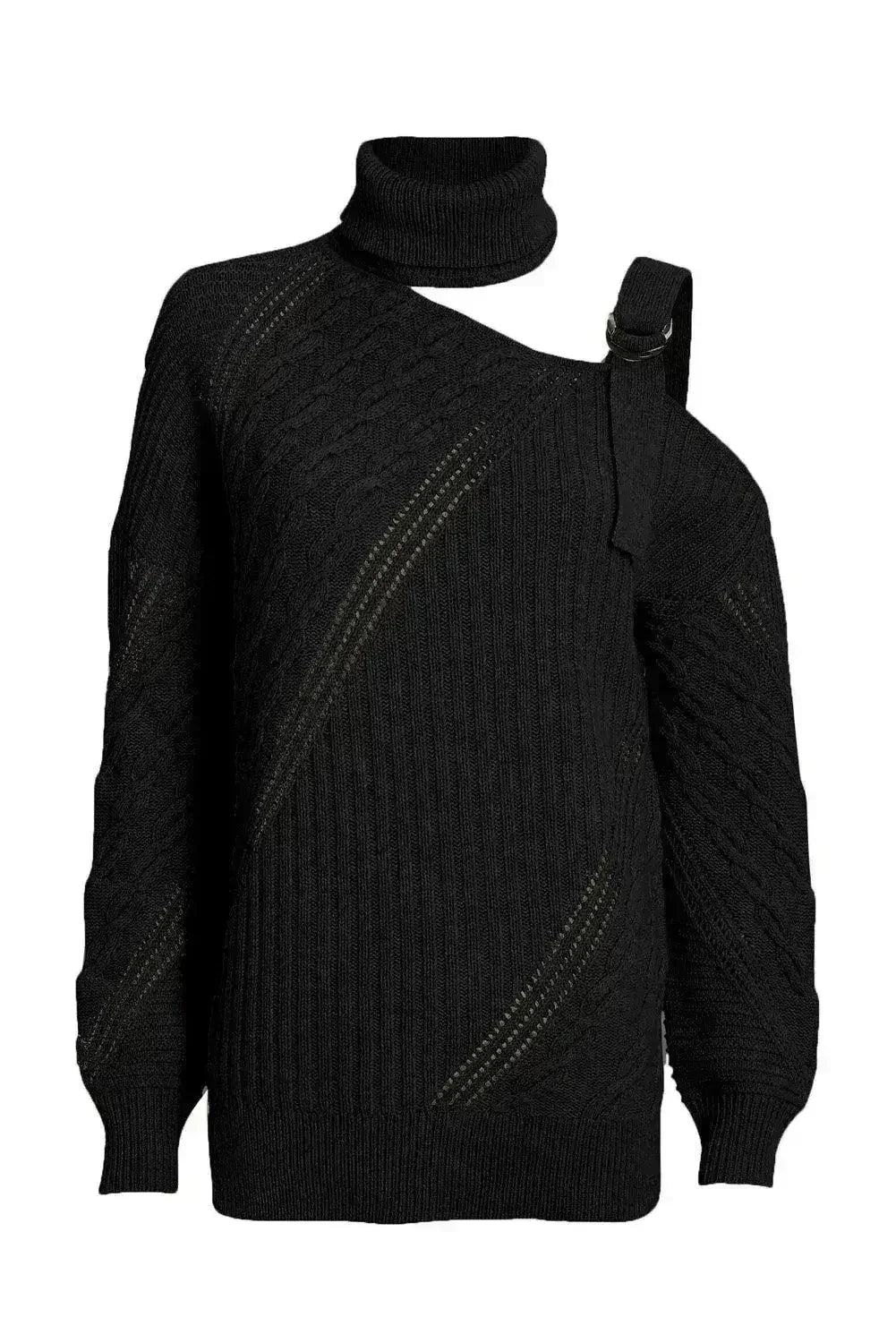 Winter Black Strapped Cut out Shoulder Turtleneck Sweater - SJB-DIAMOND ELITES