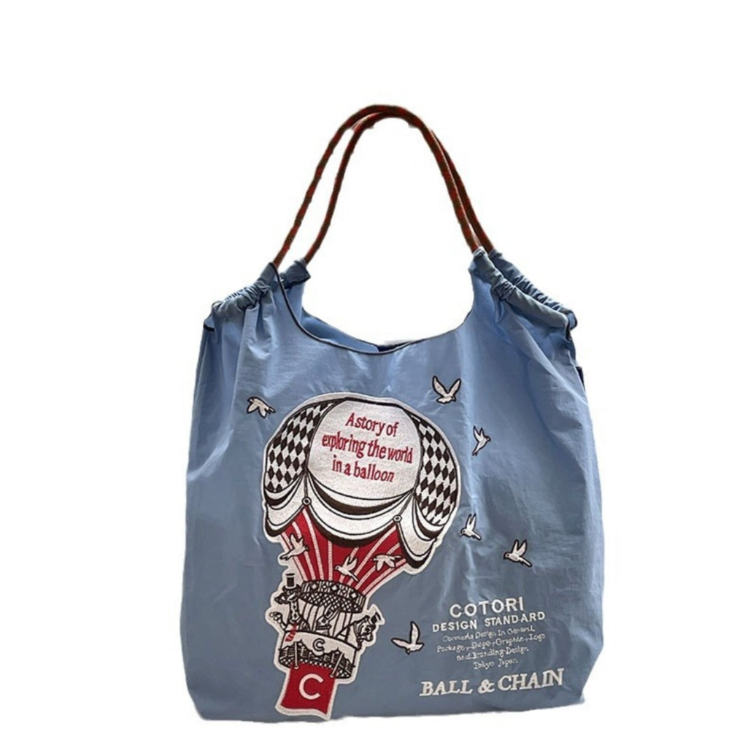 Simple hot air balloon pattern tote bag, embroidered eco-friendly cloth bag for women, nylon portable shoulder bag - SJB-DIAMOND ELITES