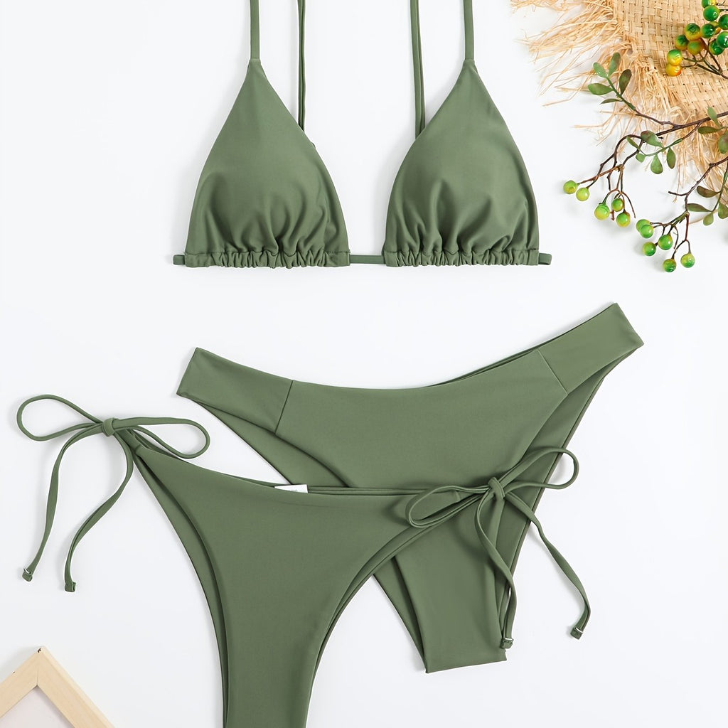 Essential Edge 3-Piece Bikini Set for Women – Solid Color High-Cut Triangle Top Two-Style Bottoms with Side Lace-Up Design & Quick-Drying Comfort – Versatile Women's Swimwear for Summer Pool Beach & Travel Stevvex