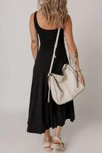 Black Sleeveless Scoop Neck Flared Split Midi Dress
