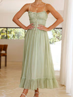 Vintage Ruffled Hem Midi Dress With Tied And Ruched Detail Elegant Feminine Girls Dress