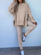Oversized Slit Sweatshirt and Ribbed Leggings 2pcs Set THRIXINE