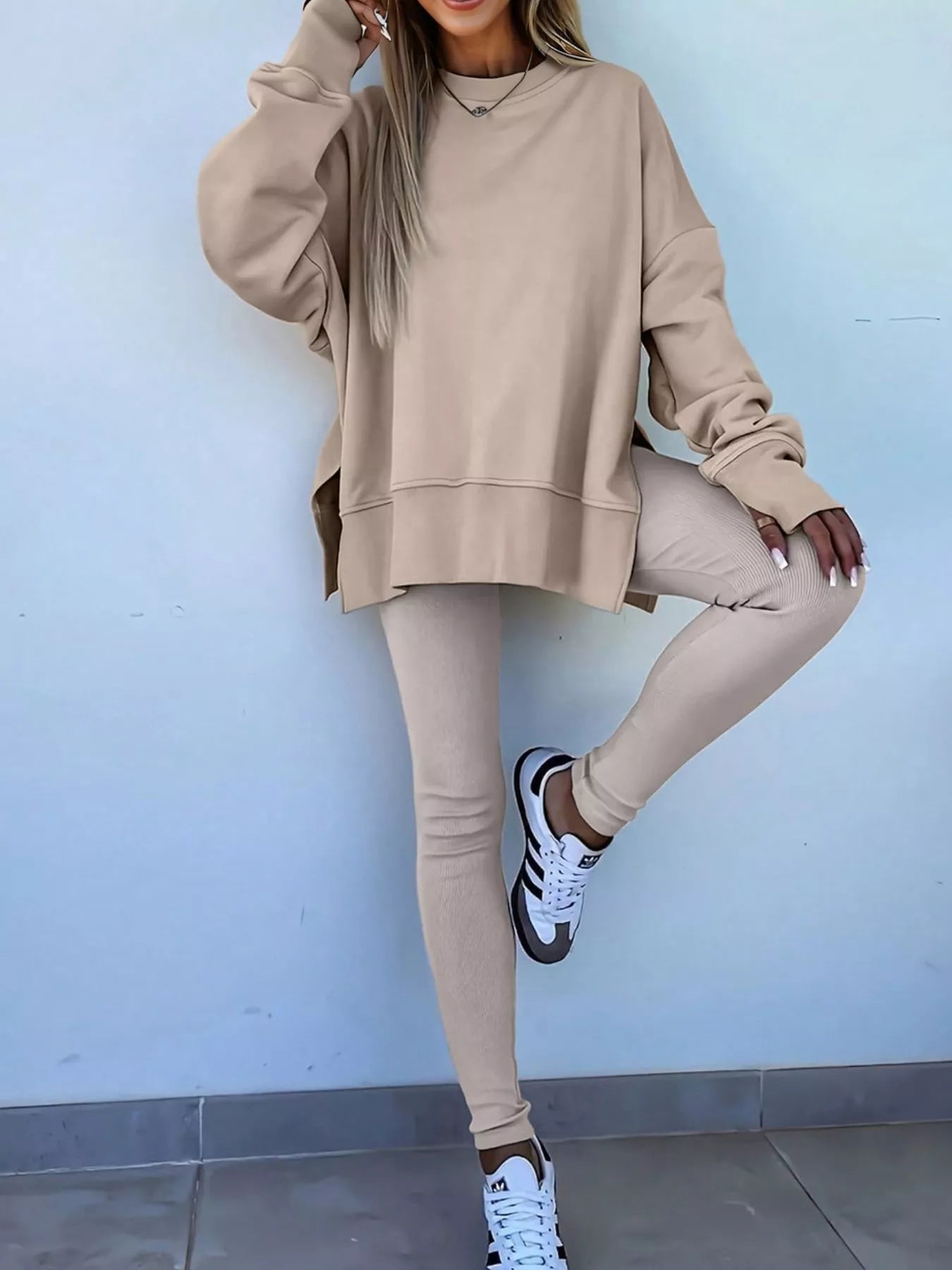 Oversized Slit Sweatshirt and Ribbed Leggings 2pcs Set THRIXINE