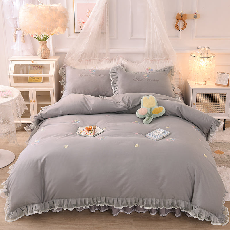 Summer Ruffled Cotton Four-piece Set Girl Heart Embroidery Flower Quilt Cover Pi-Mart