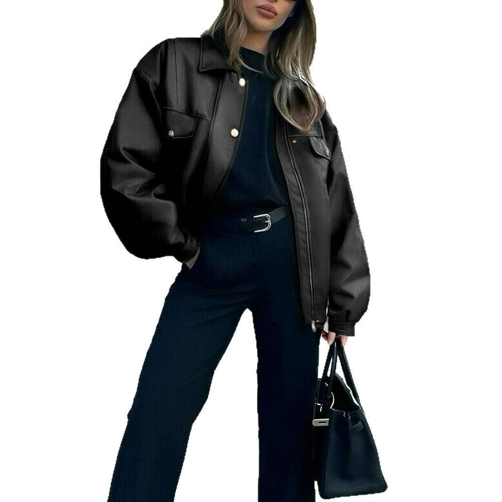 Women's Leather Jacket Loose Long Sleeve Lapel Motorcycle Jacket Pi-Mart