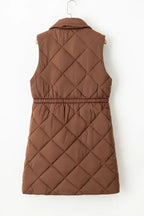 Coffee Puffer Quilted Stand Collar Pocketed Vest Coat
