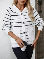 Striped Button Up Long Sleeve Hooded Cardigan - SJB-DIAMOND ELITES