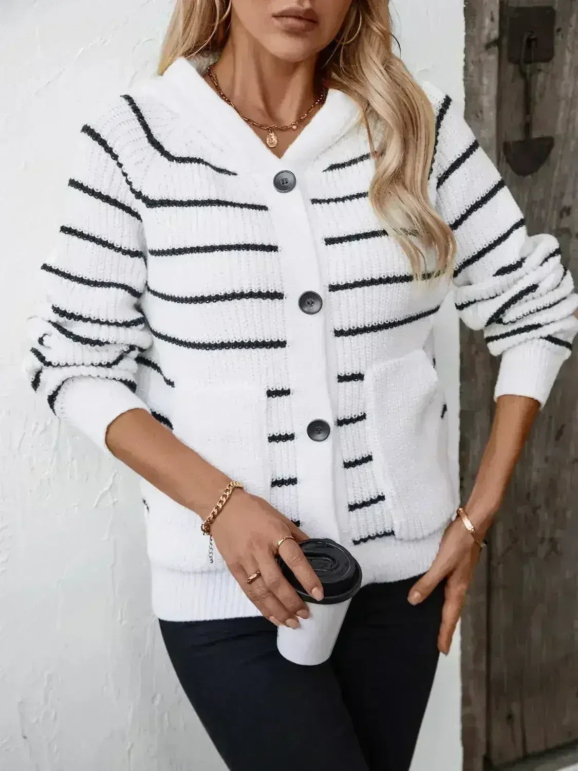 Striped Button Up Long Sleeve Hooded Cardigan - SJB-DIAMOND ELITES
