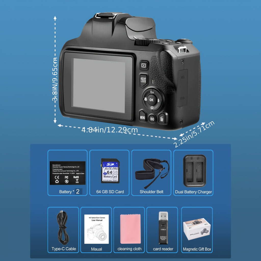 4K Digital Camera for Photography, 10x Zoom YouTube Vlogging Camera, 64MP Auto Focus Compact Camera with 64GB SD Card, Battery, USB Reader & Charging Stand