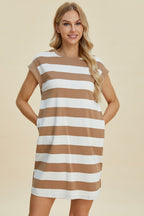 Full Size Striped Round Neck Cap Sleeve Mini Dress For Women – Striped Mini Dress, Full-Size Round Neck Dress, Comfortable Cap Sleeve Dress, Chic Striped Dress, Flattering Mini Dress, Casual Everyday Dress, Versatile Striped Dress Stevvex