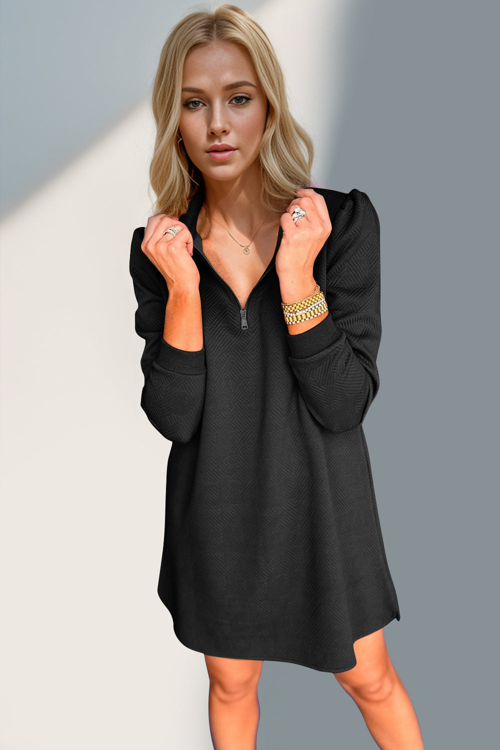 Double Take Textured Zip Long Sleeve Dress Classic Zip-Up Dress for Women Comfortable Outdoor Dress Stevvex