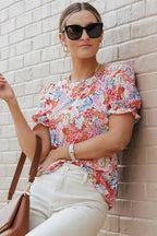 Floral Bubble Sleeve Blouse - Multicolor Print Top | Femstylo