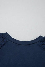 Navy Blue Contrast Lace Raglan Sleeve Pleated Mini Dress