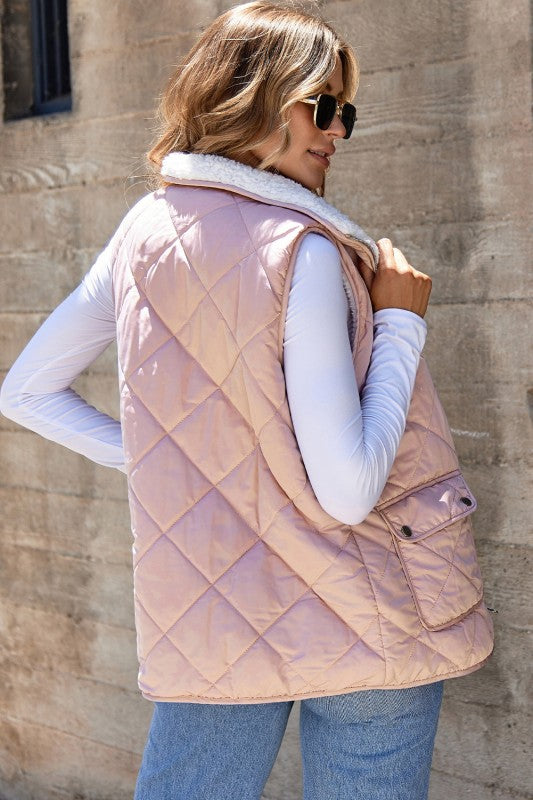 Solid Fleece Lined Quilted Vest Coat THRIXINE