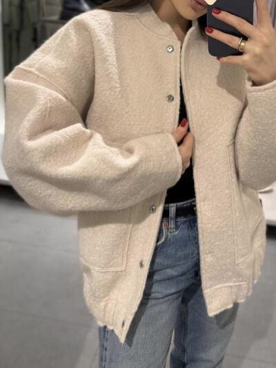 Autumn Casual Full Size Drop Shoulder Snap Down Jacket with Buttoned Front and Pockets Stevvex