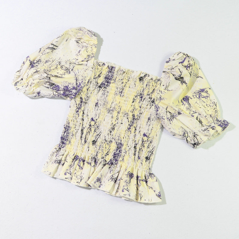 Slim Blouse French Style Tops Leaves Flower Print  Shirt women Elastic Body women's clothing official - SJB-DIAMOND ELITES