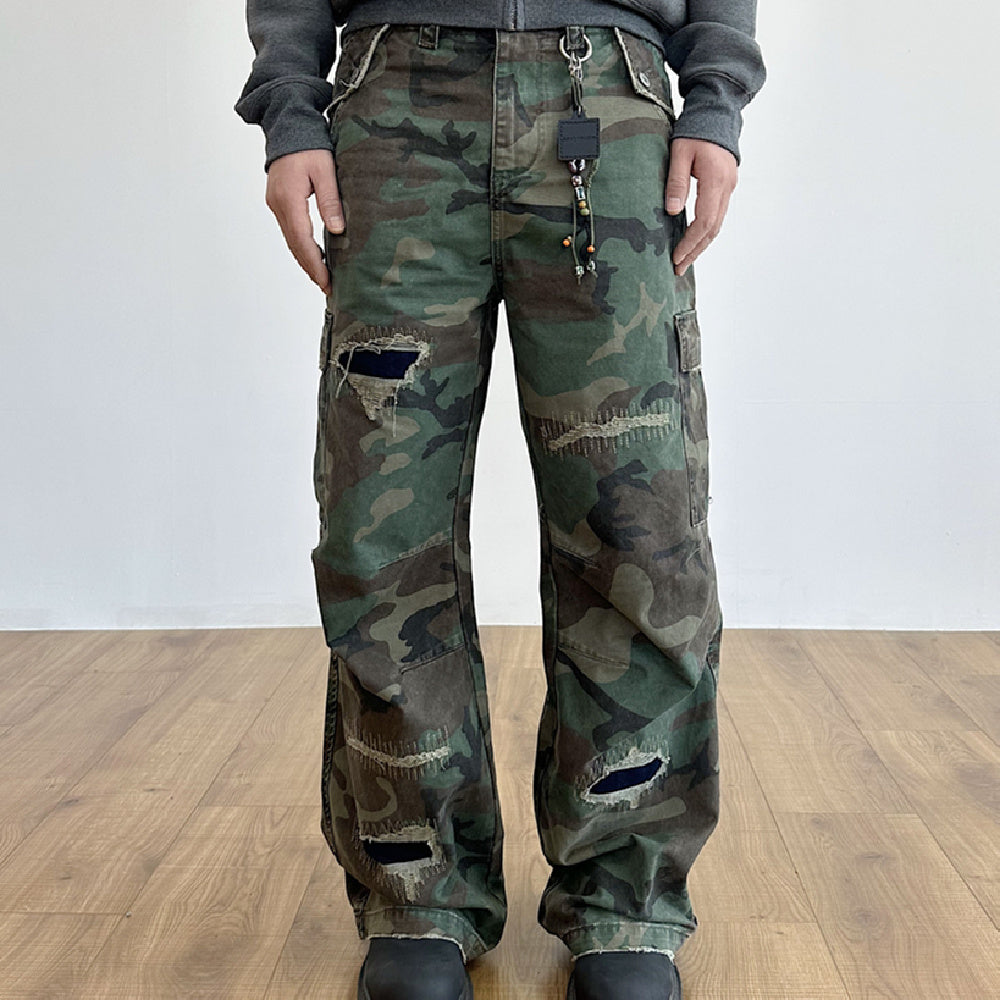 Distressed Military Camouflage Destruction Affixed Cloth Embroidered Loose Straight Cargo Pants Lootquake LLC