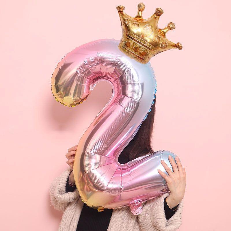 Luxury Gradient Modern 32inch Rainbow number Foil Balloons For Birthday party Decorations Kids Rose Ballons With Crown From 0-9 Numbers - SJB-DIAMOND ELITES
