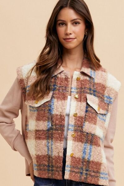 Women Brown Faux Fur Plaid Button-Up Jacket Soft Jacket For Girls Jacket With Closure Stevvex