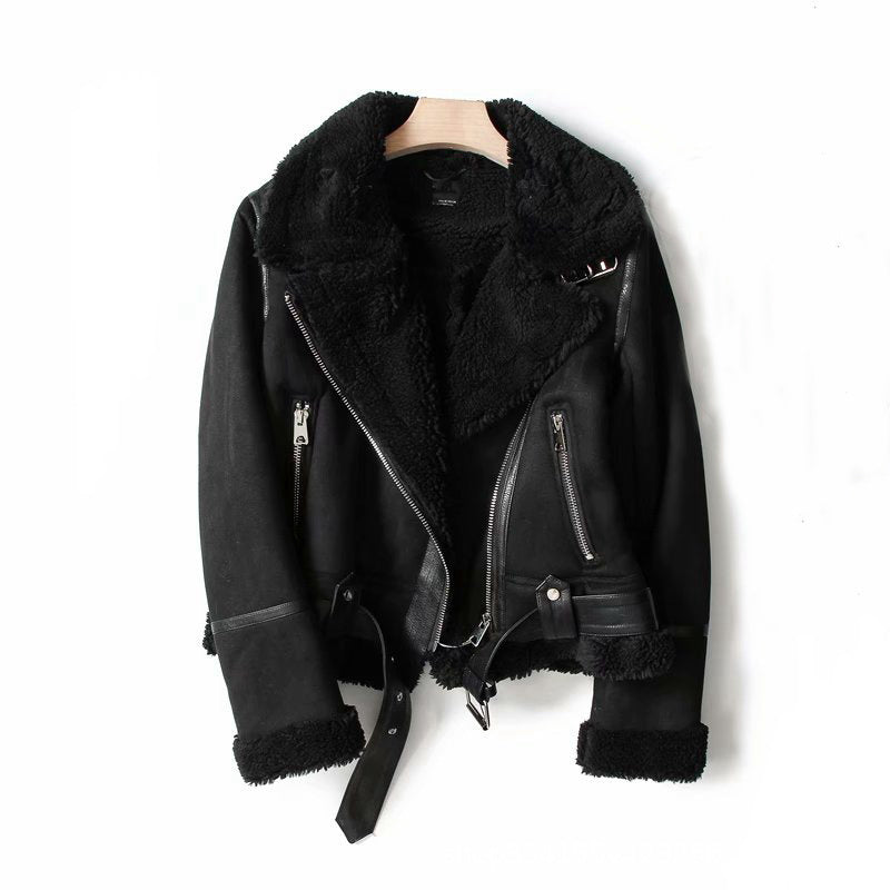 WInter Lapel Jacket Suede Lamb Wool Warm Coat Motorcycle Clothing Women Outwears Pi-Mart