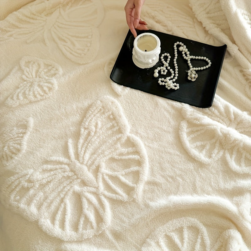 Cozy Taffeta Jacquard Butterfly Flannel Throw Blanket, Soft Polyester, Double-Sided Velvet, All-Season Comfort, Ideal For Office Naps & Bedding - White With Green Accents