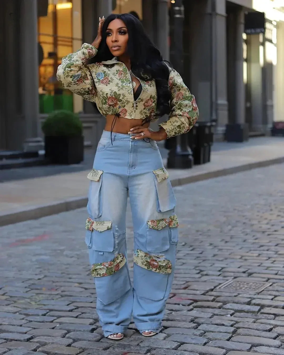 BWQ Washed Denim Women's Set Full Sleeve Floral Jacket and Pockets Cargo Jeans Pants Suit 2025 Street Two 2 Piece Set Outfit Purplish Diva