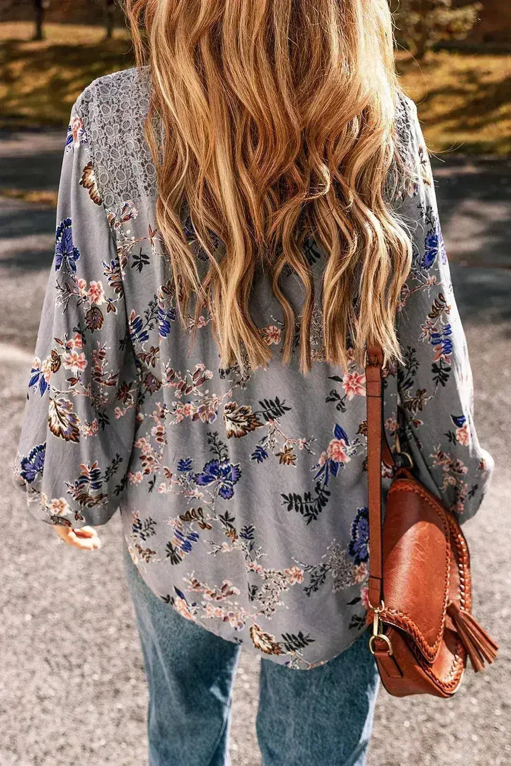 Sky Blue Floral Print Lace Patchwork Knot Front V Neck Blouse - SJB-DIAMOND ELITES